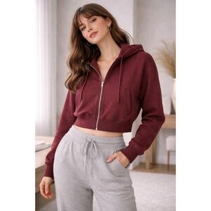 YPB Your Personal Best On The Go Cropped Full Zip Hoodie Burgundy Maroon Medium